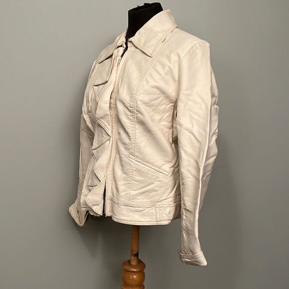 Candies Women's Cream Full Zip Ruffle Faux Leather Jacket - Picture 2 of 12